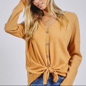 BiBi Mustard Tie Front Waffle Knit Sweater